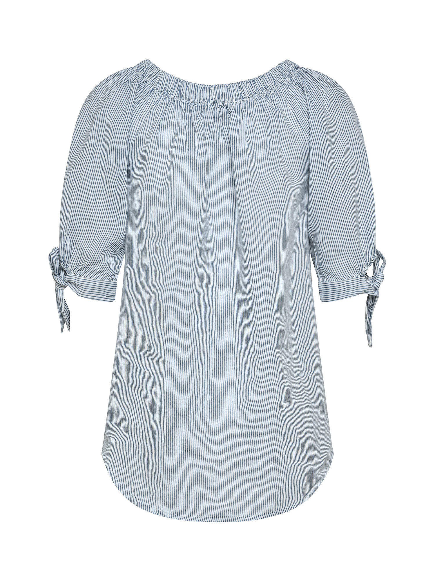 Blusa puro lino scollo arricciato con fiocco, Denim, large image number 1