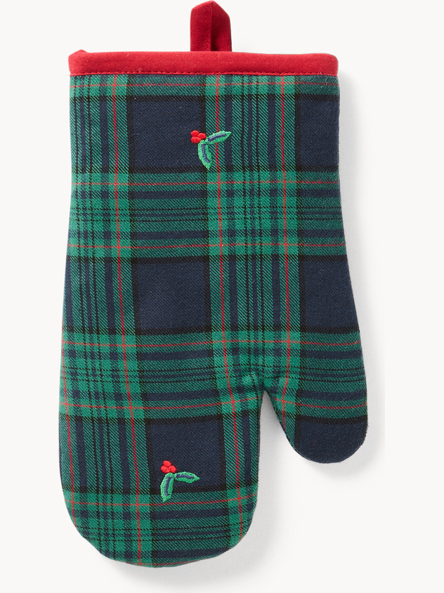 Cotton twill oven mitt with holly embroidery