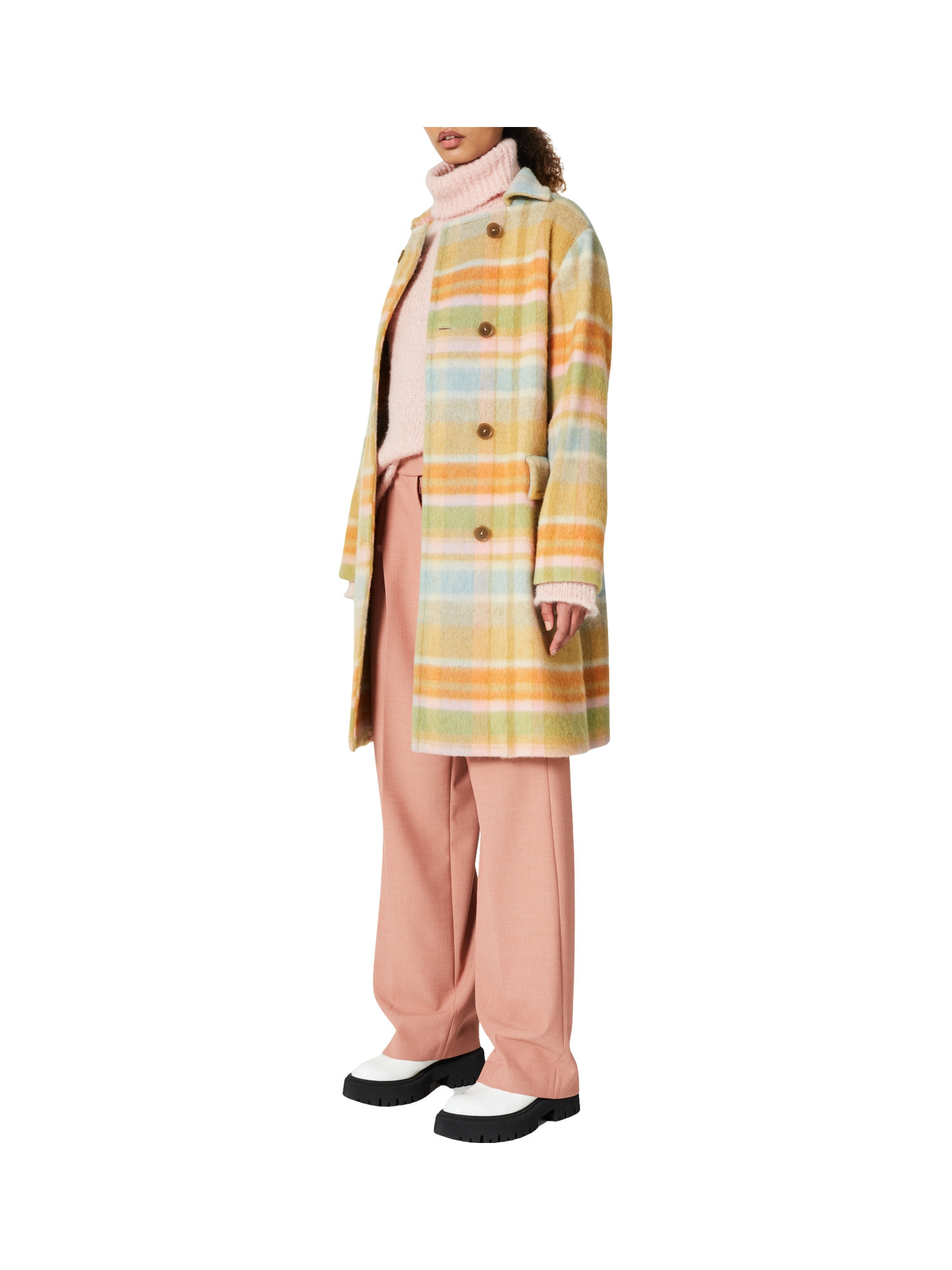 Wool blend coat with pink check pattern, Multicolor, large image number 3