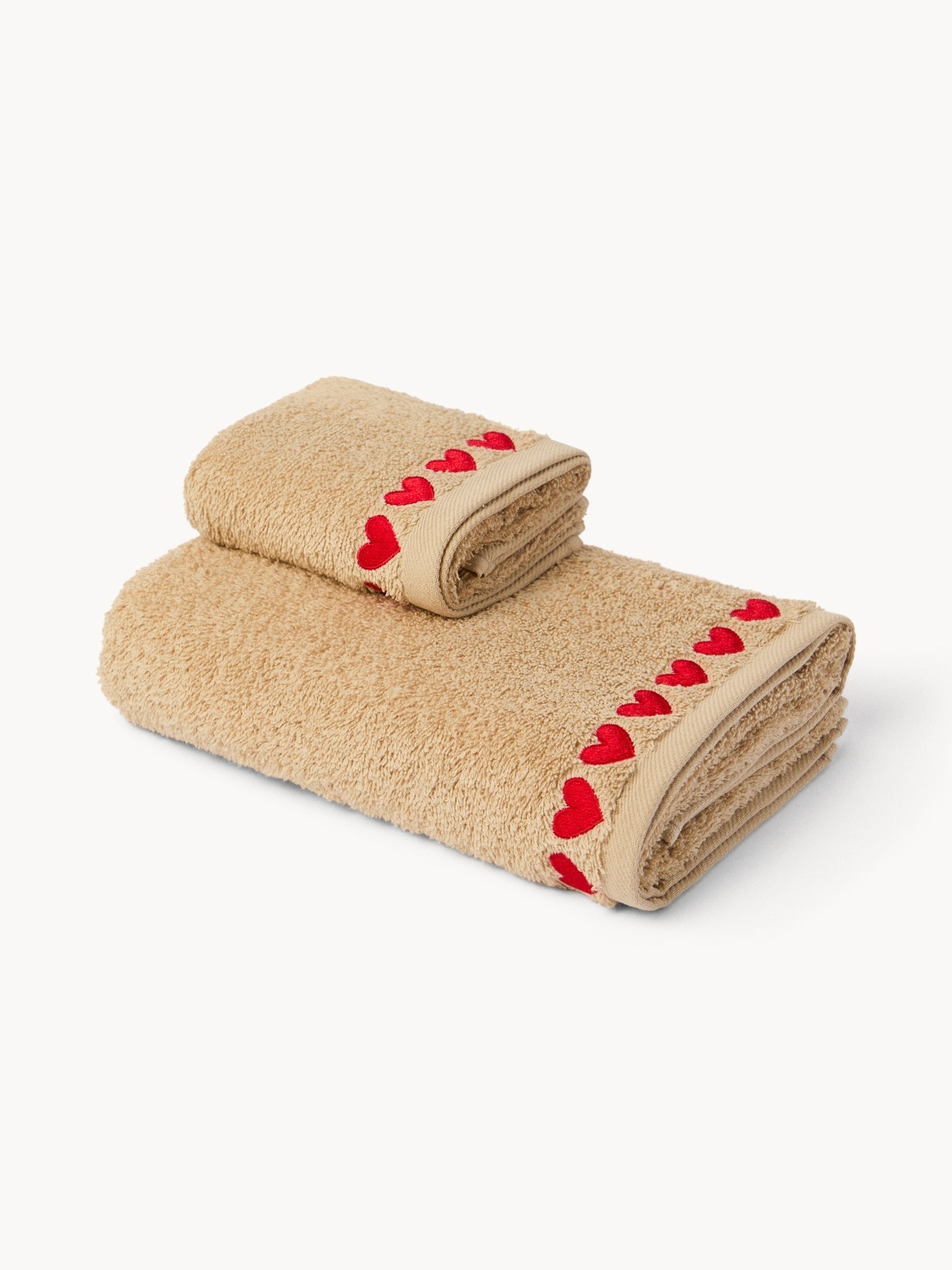 Set of 2 cotton terry towels with heart embroidery, White, large image number 0