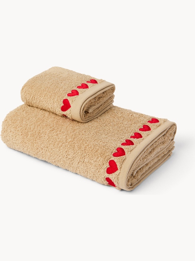 Set 2 asciugamani in spugna di cotone con ricamo a cuori