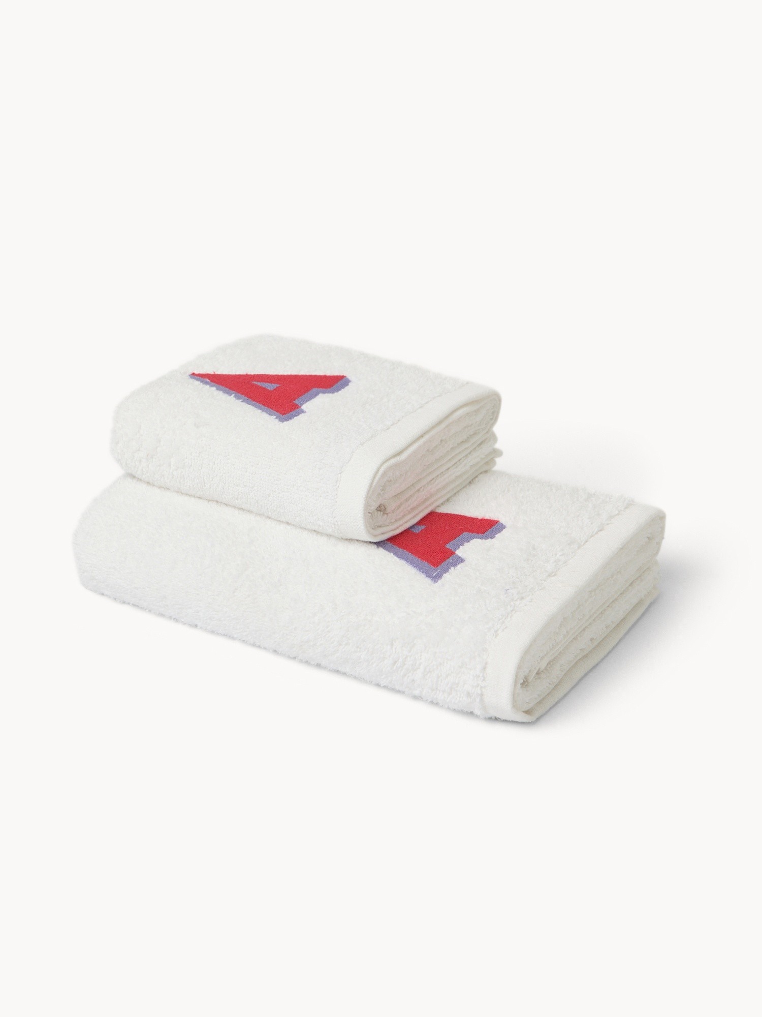 Set 2 asciugamani in spugna di cotone ricamo lettera A, Bianco, large image number 0