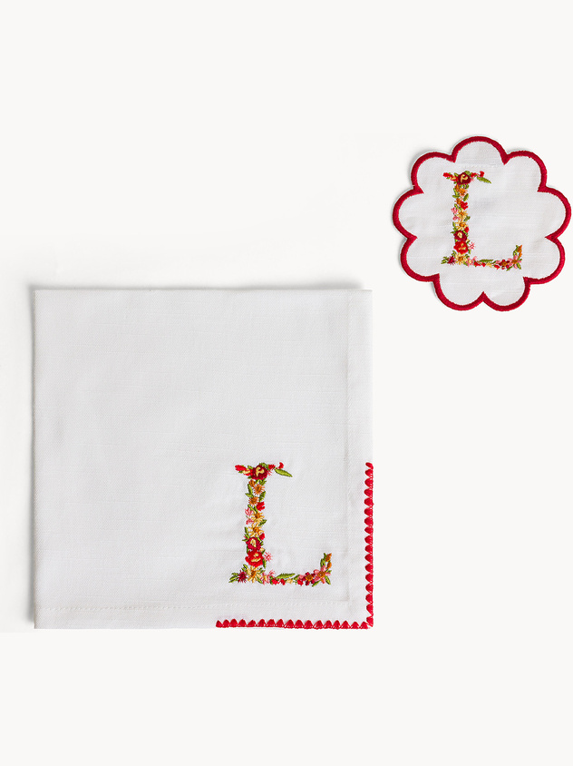 Napkin and coaster set with embroidered letter L
