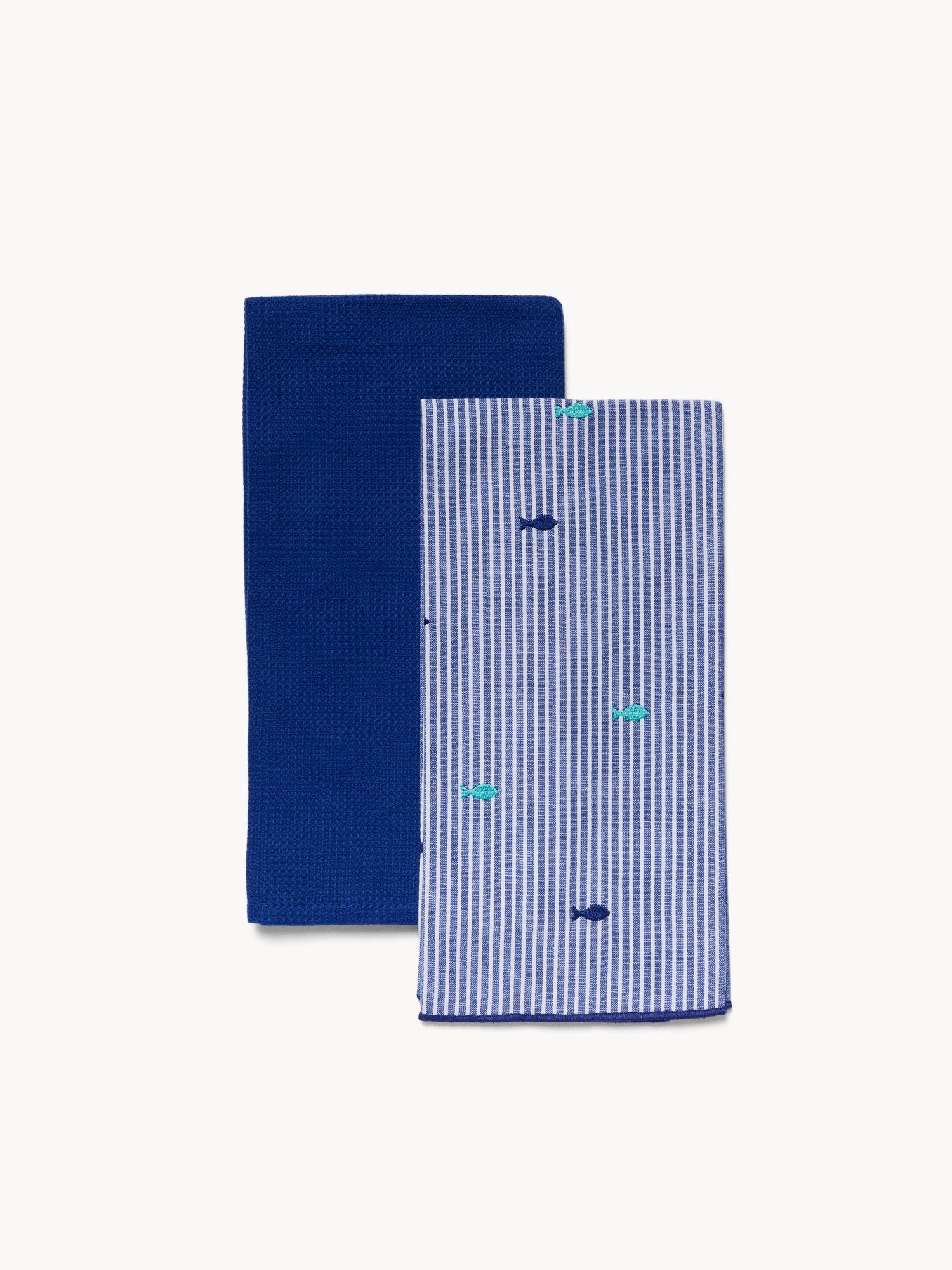 Set 2 strofinacci a righe ricamo pesciolini, Bianco/Blu, large image number 0