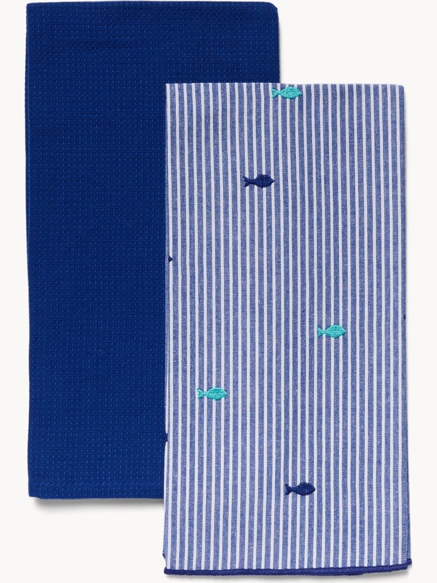 Set 2 strofinacci a righe ricamo pesciolini