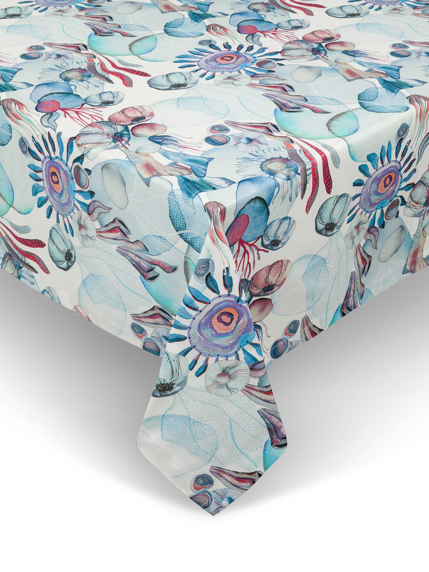 Tablecloth with seabed print in pure cotton panama. Water-repellent treatment., Multicolor, large image number 0