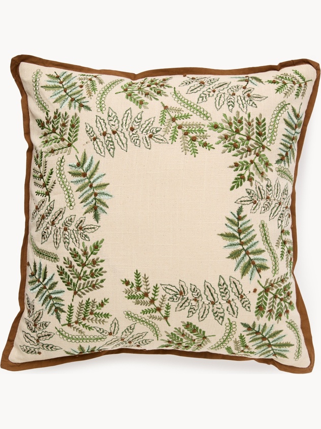 Cotton embroidered cushion with holly 45x45cm