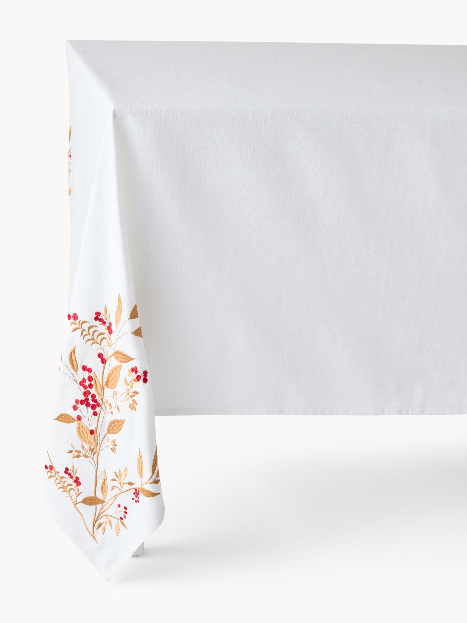 Pure cotton slub tablecloth with foliage embroidery, White, large image number 0