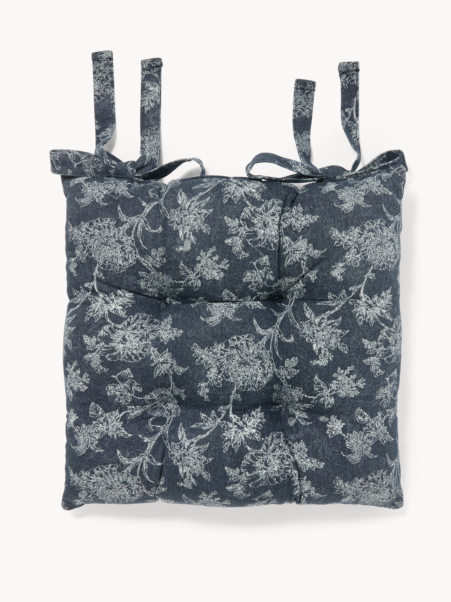 Cotton Twill Chair Cushion with Denim-Effect Floral Print - Discounted Price, Blue, large image number 0