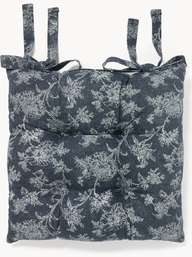 Cotton Twill Chair Cushion with Denim-Effect Floral Print - Discounted Price