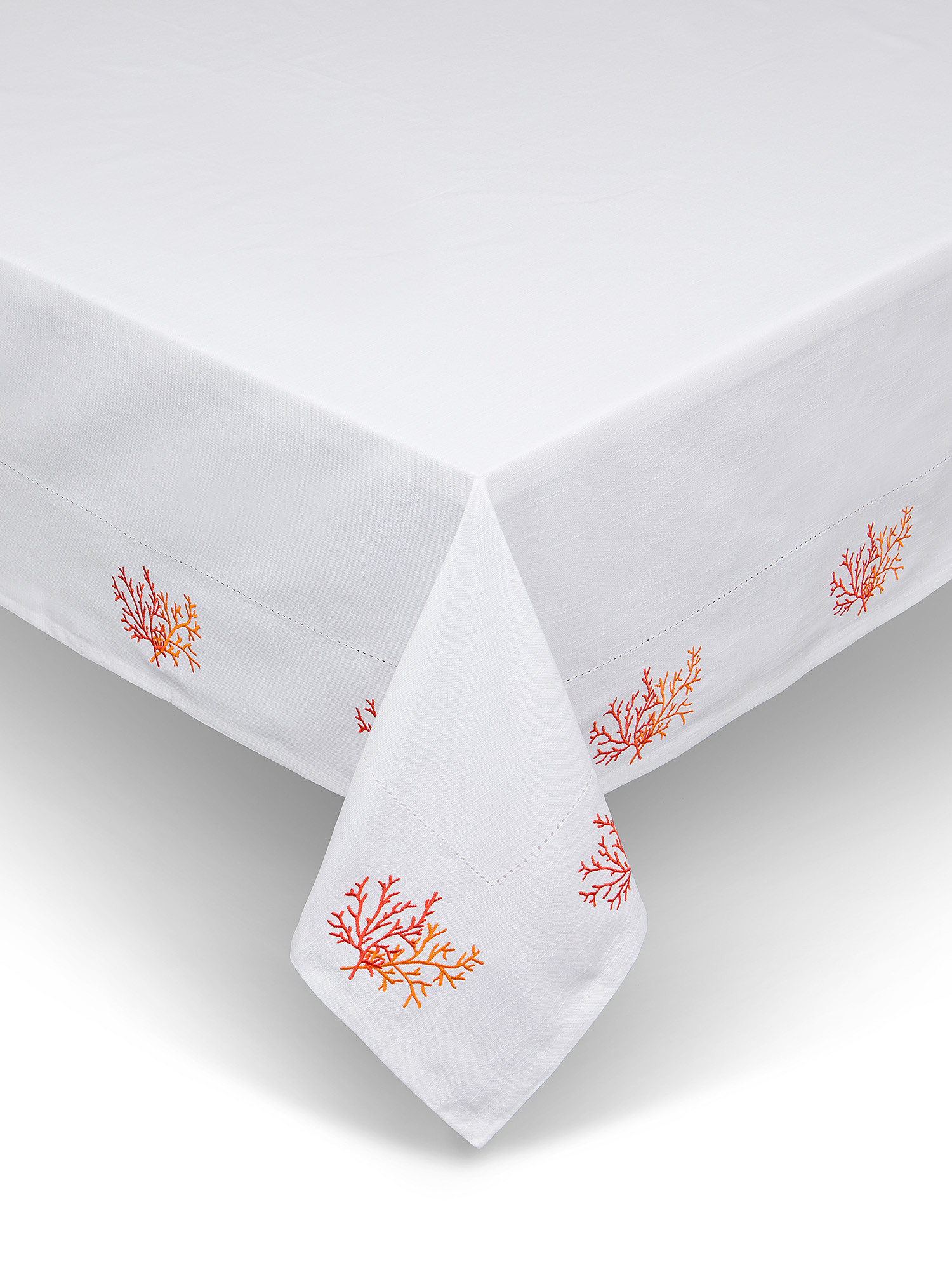 Slub cotton tablecloth with coral embroidery, White, large image number 0
