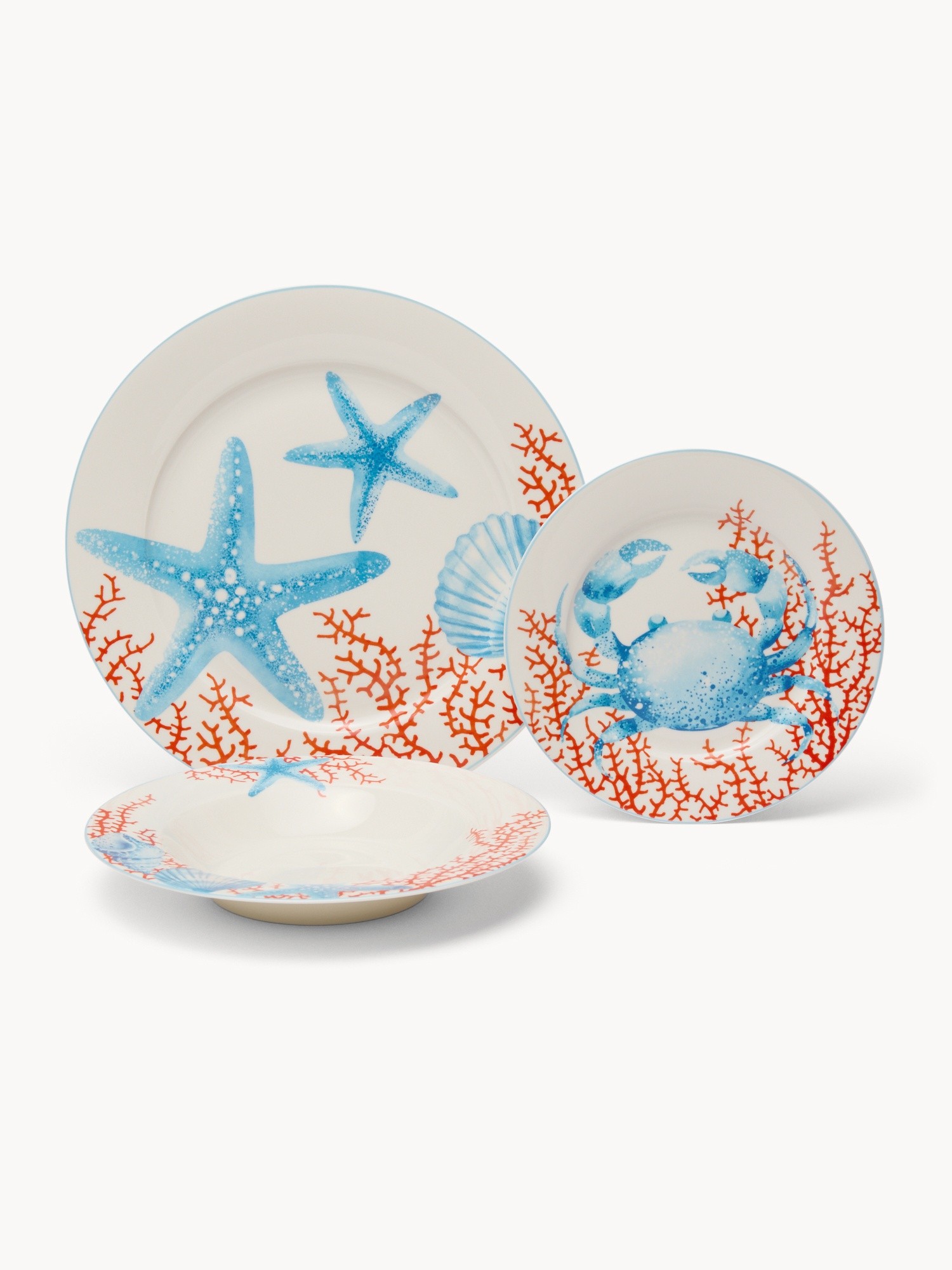 Set of 18 New Bone China Plates with Marine Decor - Introductory Price, Bianco/Azzurro, large image number 0