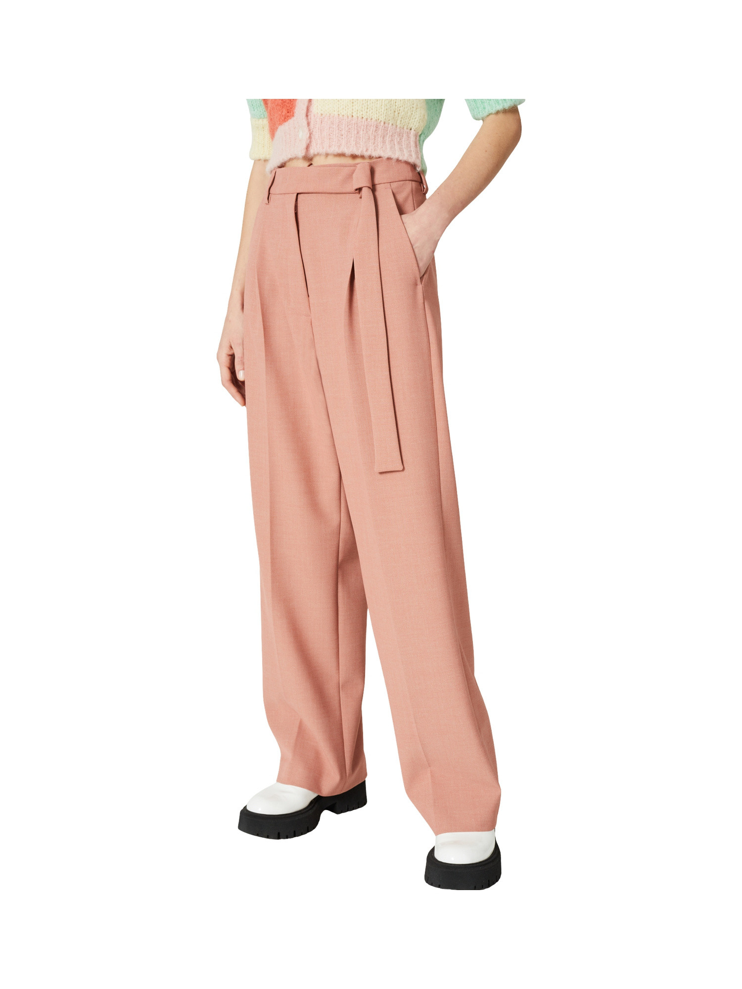 Multicolor pied de poule trousers in polyester-viscose blend with wide leg, Pink, large image number 6