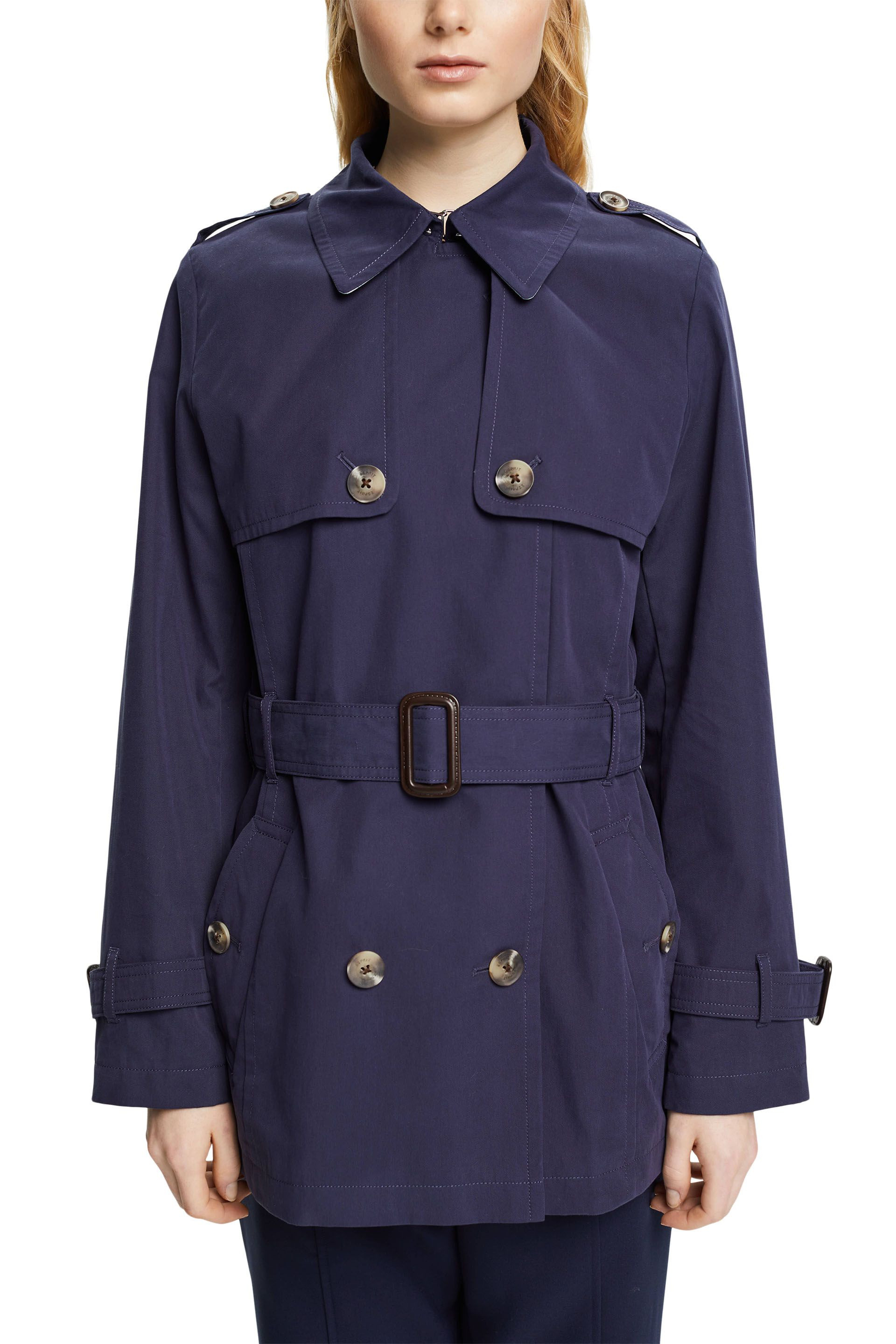 Esprit - Short trench coat with belt, Dark Blue, large image number 1