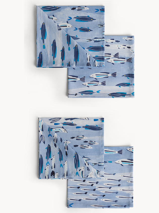 Set 4 tovaglioli in panama di puro cotone stampa pesci