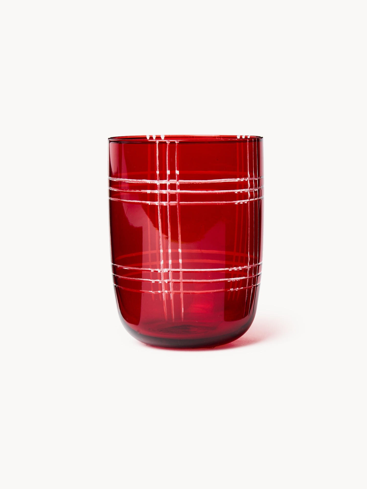 Bicchiere in vetro rosso spruzzato con lavorazione geometrica incisa, Rosso, large image number 0