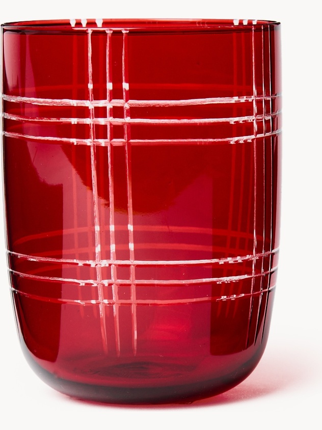 Bicchiere in vetro rosso spruzzato con lavorazione geometrica incisa