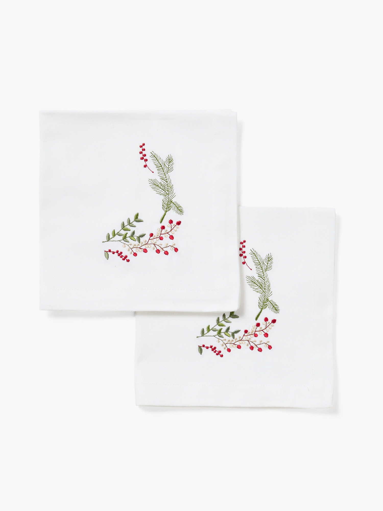 Set of 2 pure cotton twill napkins with holly embroidery, White, large image number 0