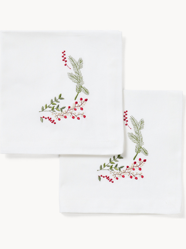 Set di 2 tovaglioli in twill di puro cotone ricamo agrifoglio