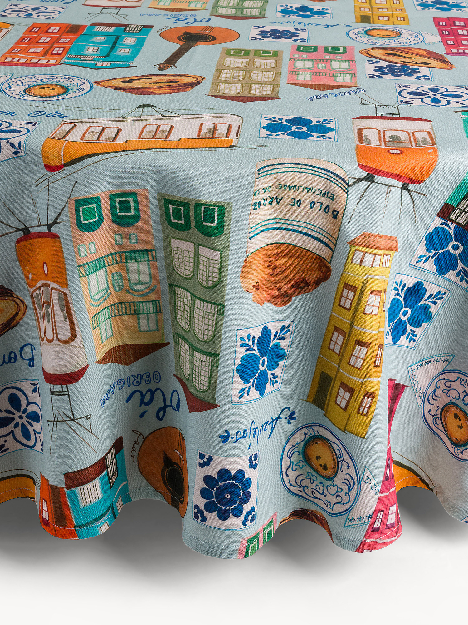 Round Cotton Panama Tablecloth Portugal Print, Multicolor, large image number 0