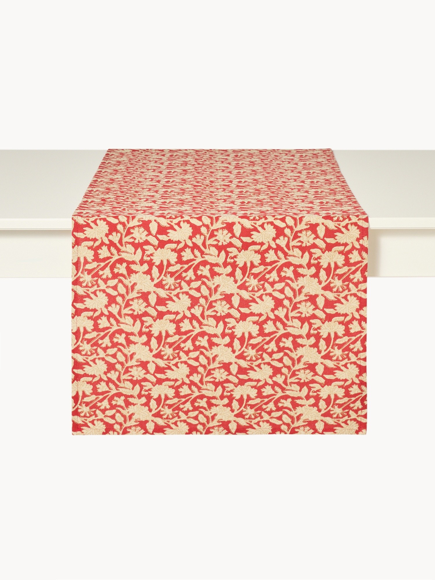 Pure cotton table runner with hand-printed design and gold details, Red, large image number 1