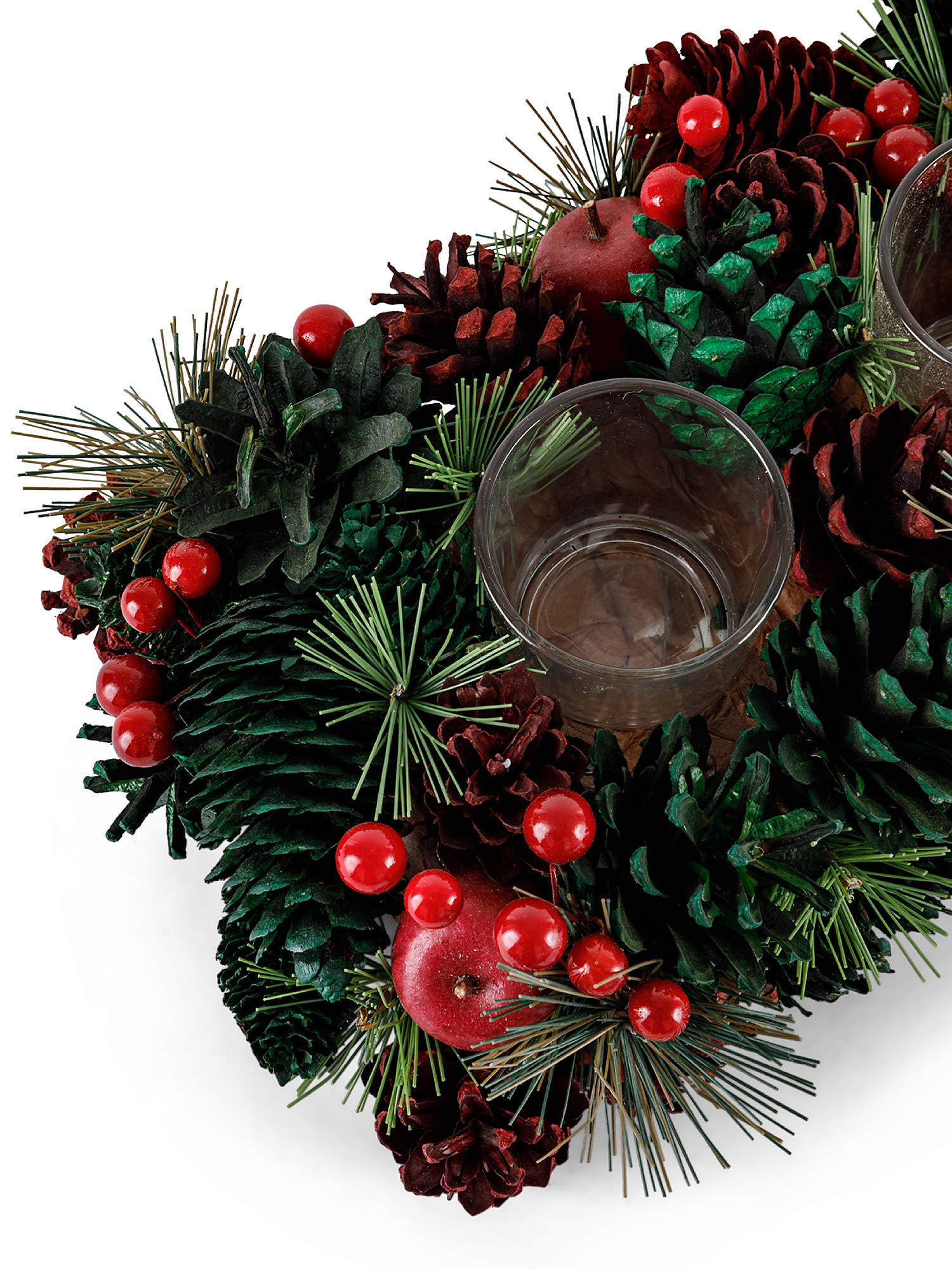 Glass votive centerpiece with pine cones and apples, Red, large image number 1