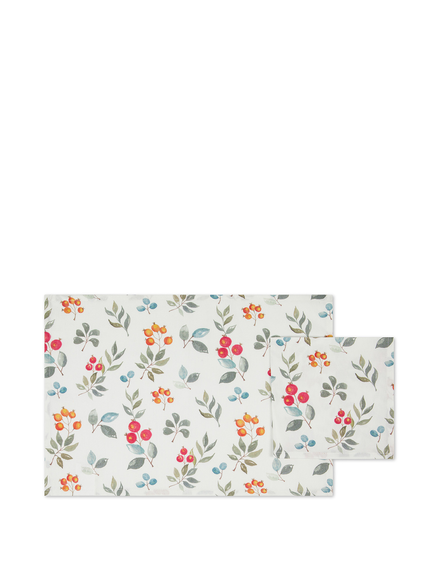 Berry print Cotton Panama placemat and napkin set, White, large image number 0