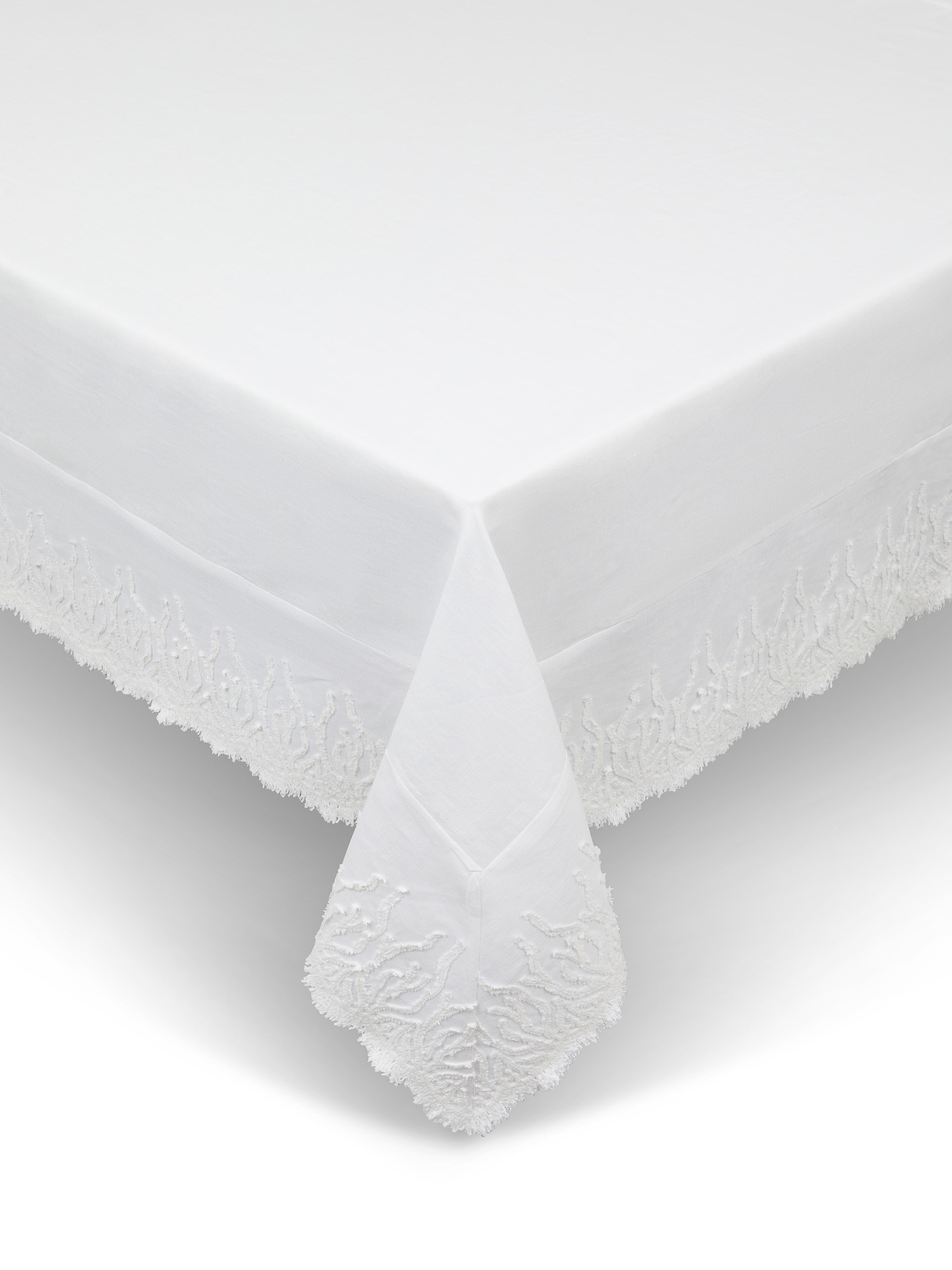 Linen tablecloth with fringes and embroidery, White, large image number 0