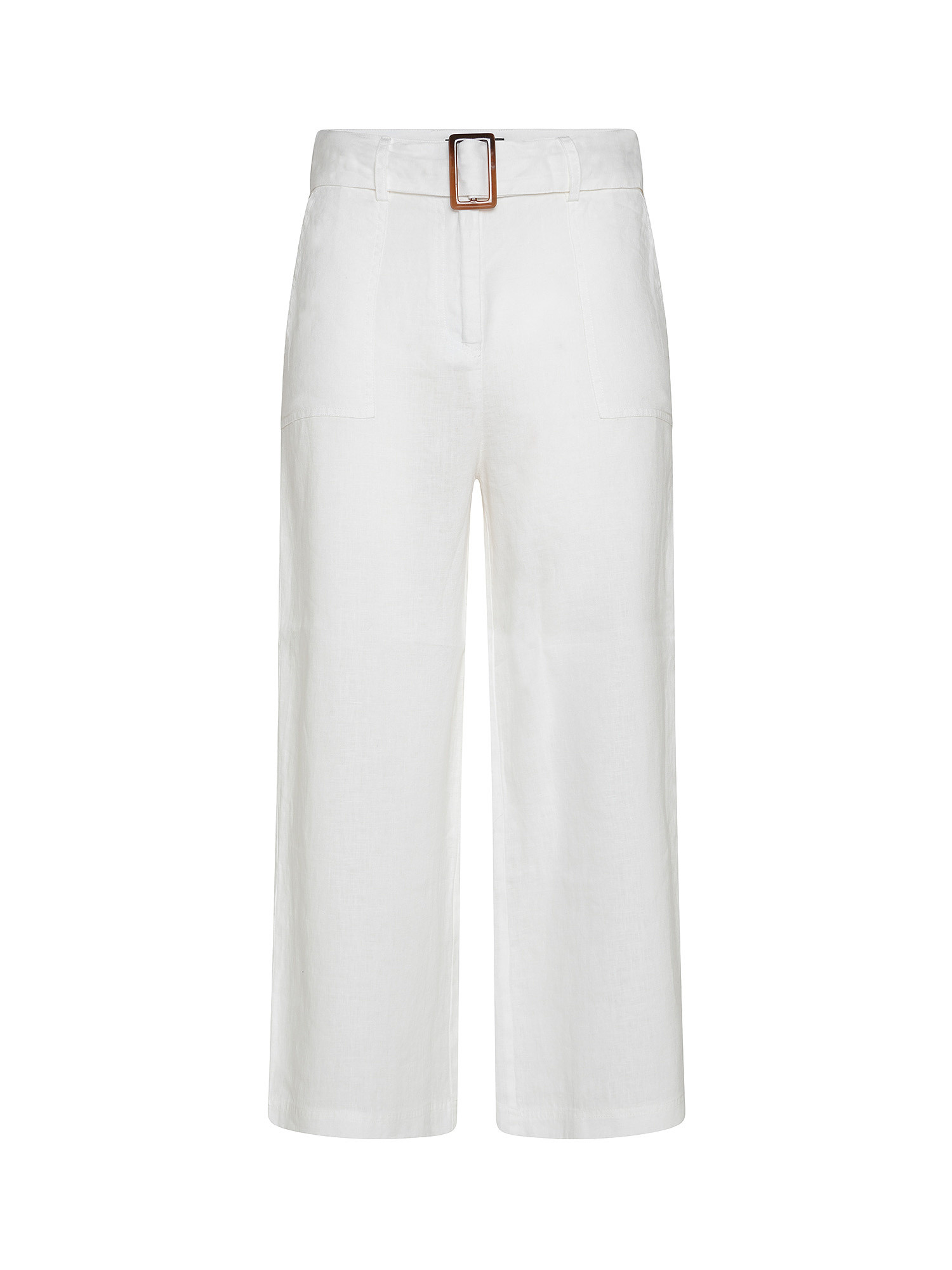 Pantalone 3/4 puro lino con cintura, Bianco, large image number 0