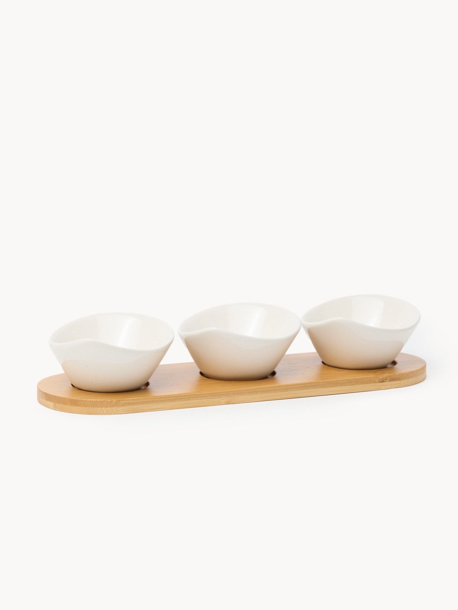 Ceramic and bamboo appetizer platter with 3 small bowls, White, large image number 0