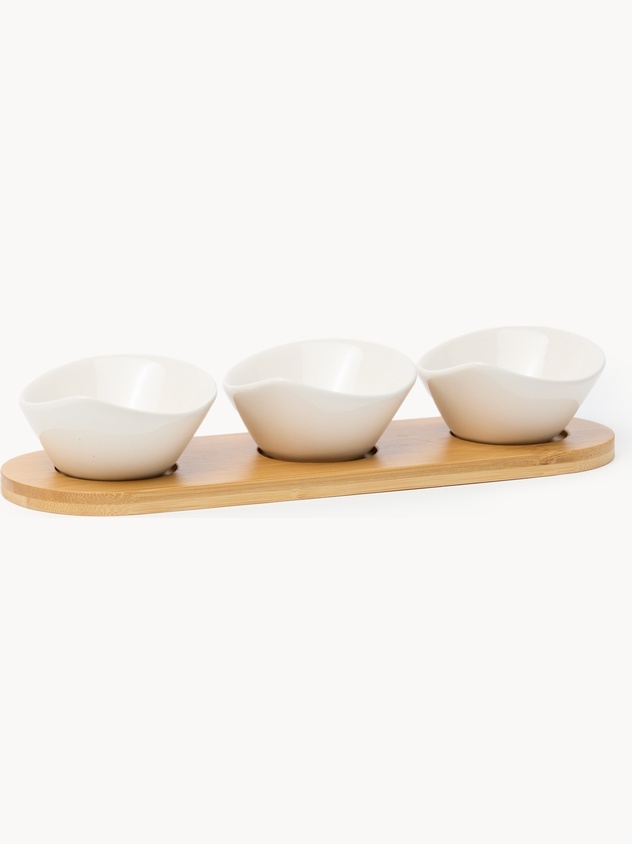 Ceramic and bamboo appetizer platter with 3 small bowls