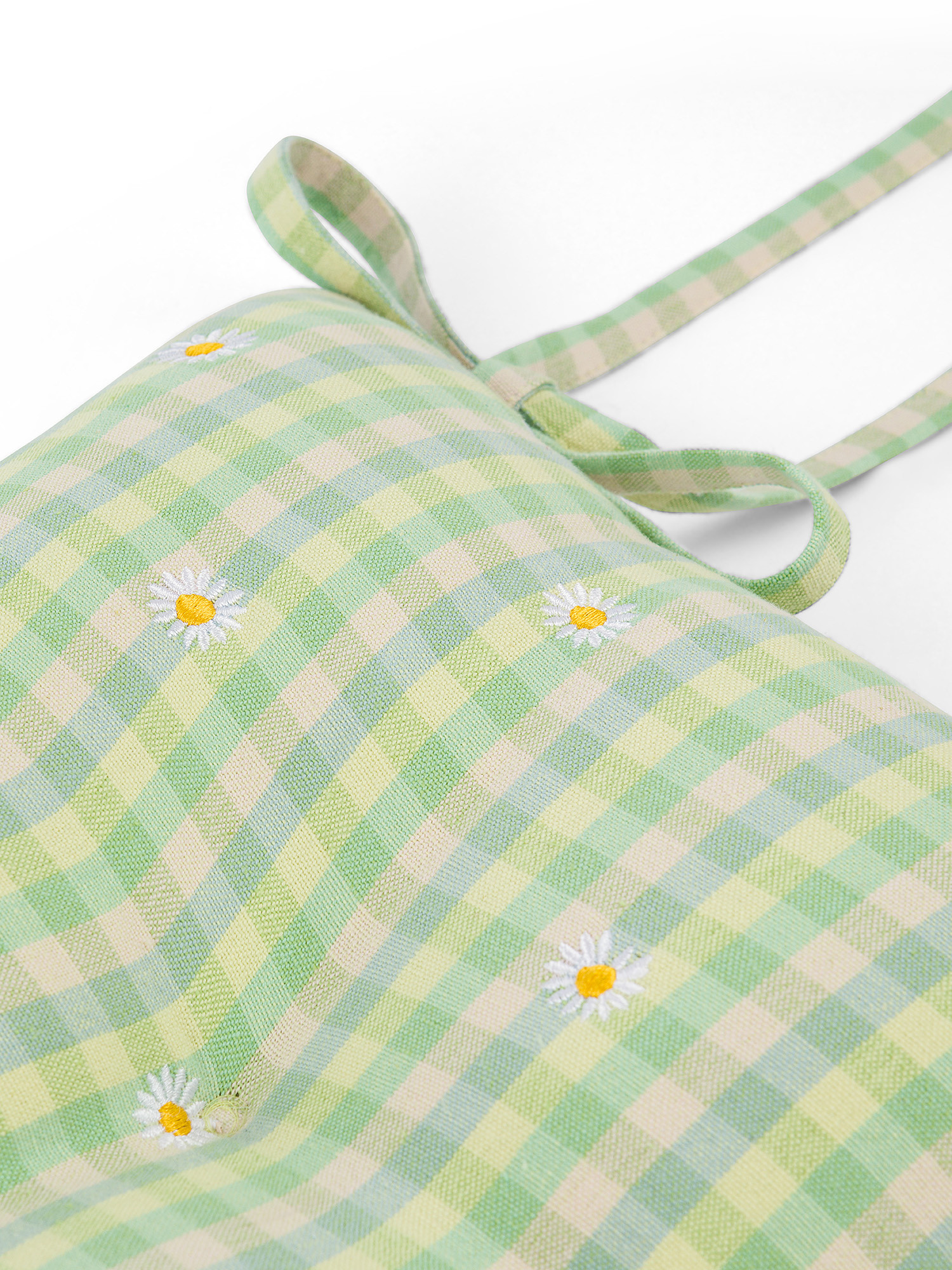 Chair cushion in 100% cotton with gingham motif and daisies embroidery, Green, large image number 1