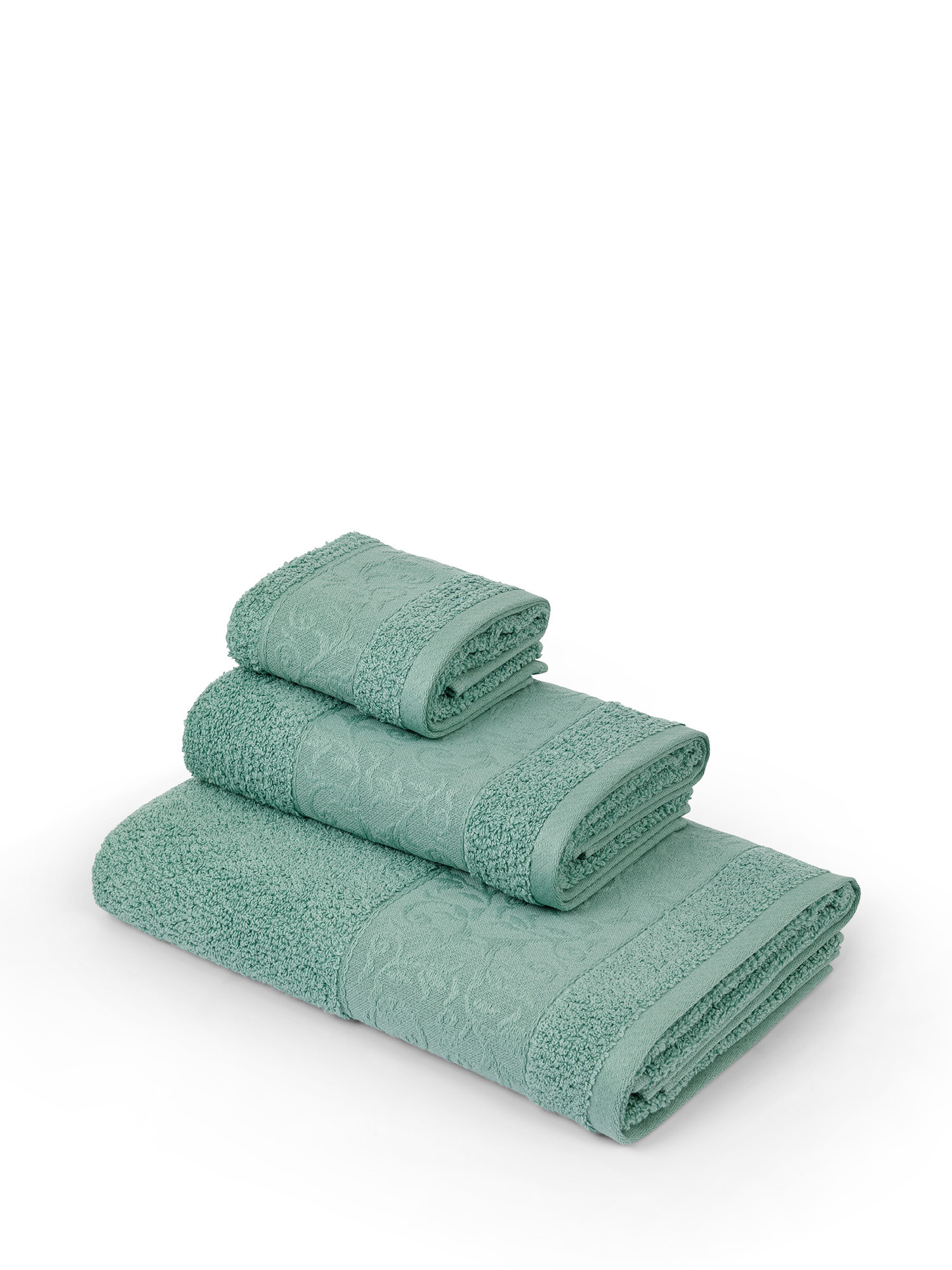 Set 3 asciugamani in spugna di cotone tinta unita con balza ricamata, Verde, large image number 0