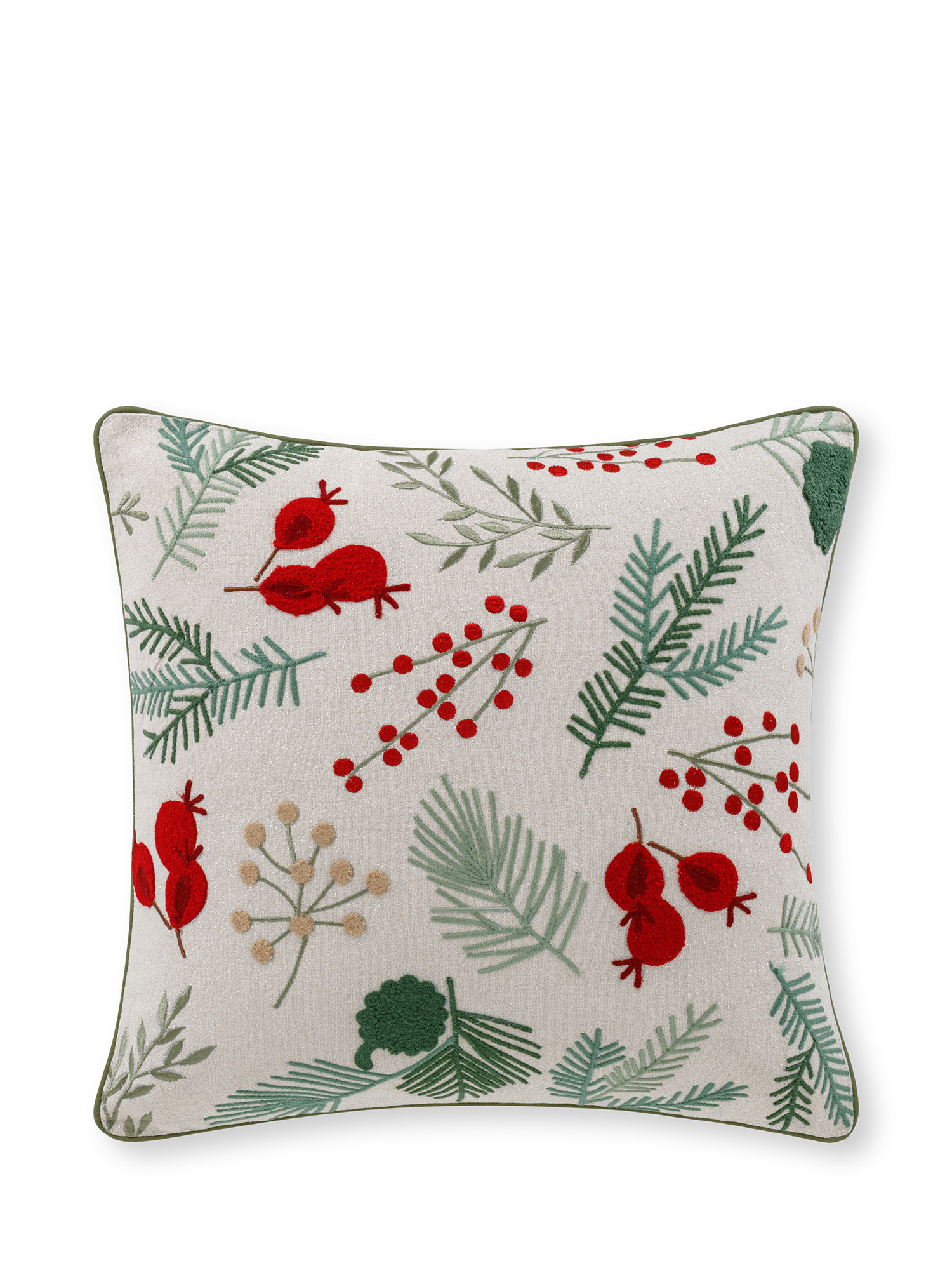 Berries and holly embroidered cushion 45x45 cm, Multicolor, large