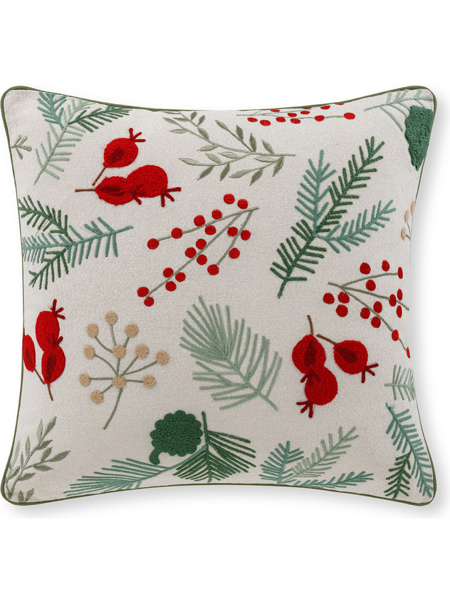 Berries and holly embroidered cushion 45x45 cm