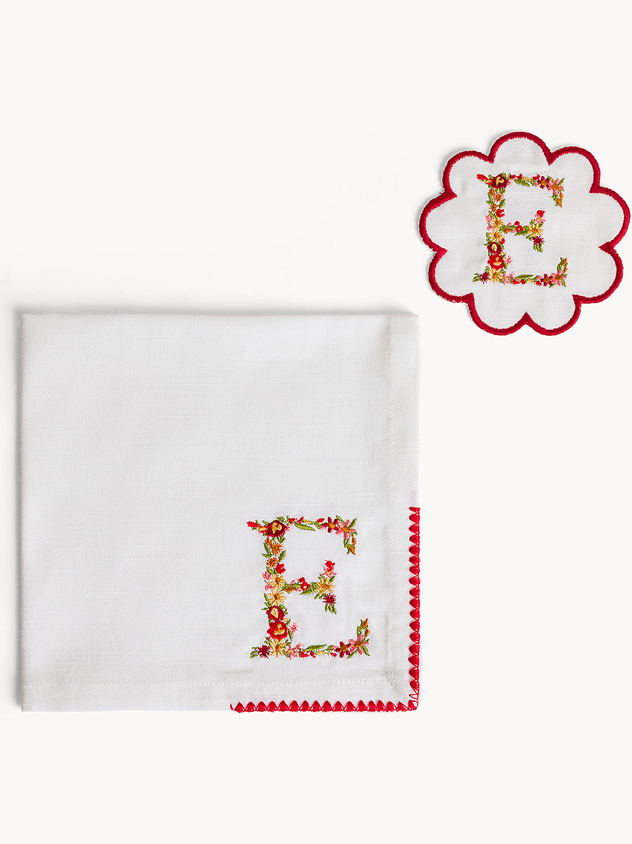 Napkin and coaster set with embroidered letter E