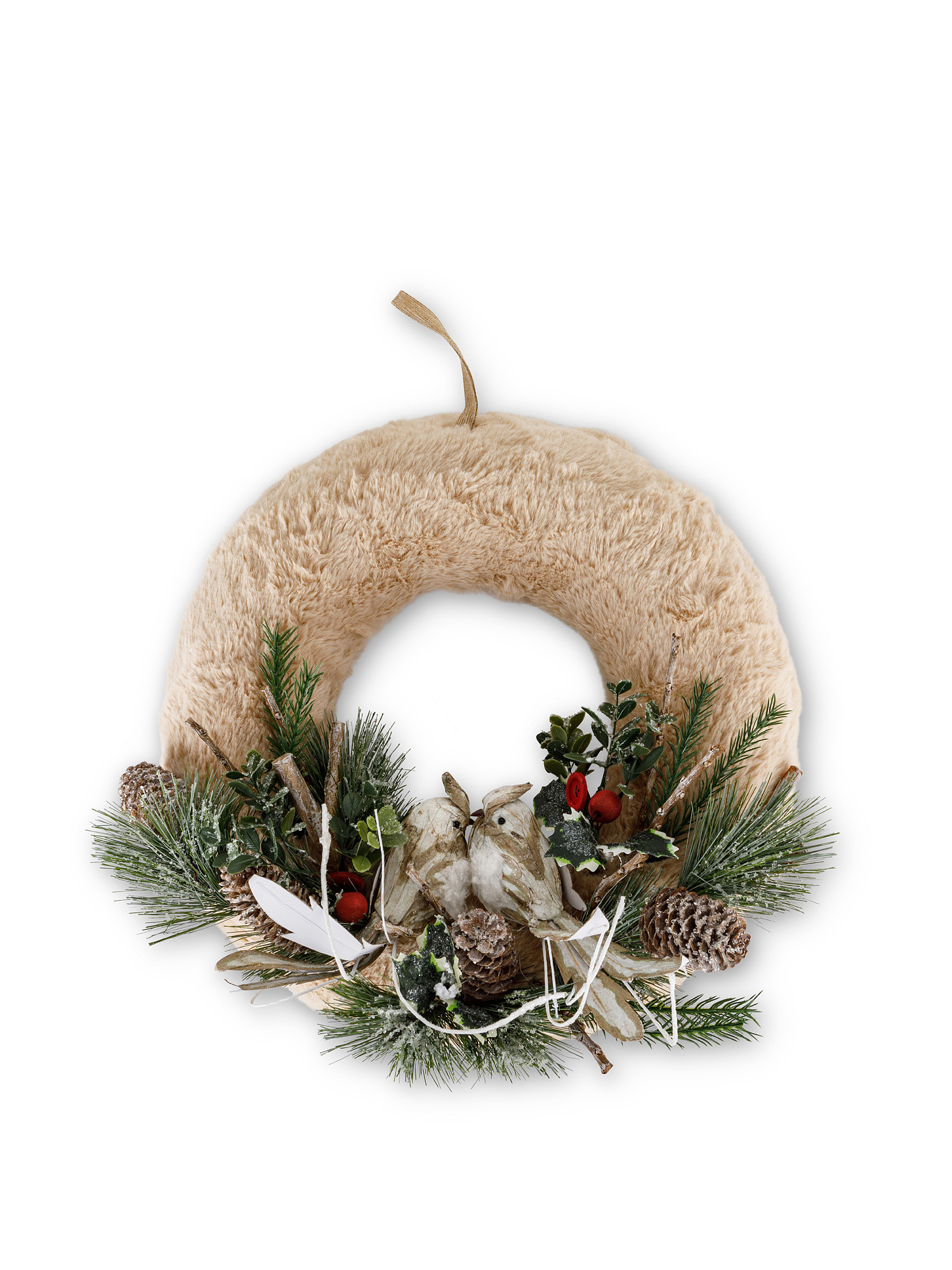 Decorative pine wreath with fur effect, Beige, large image number 0