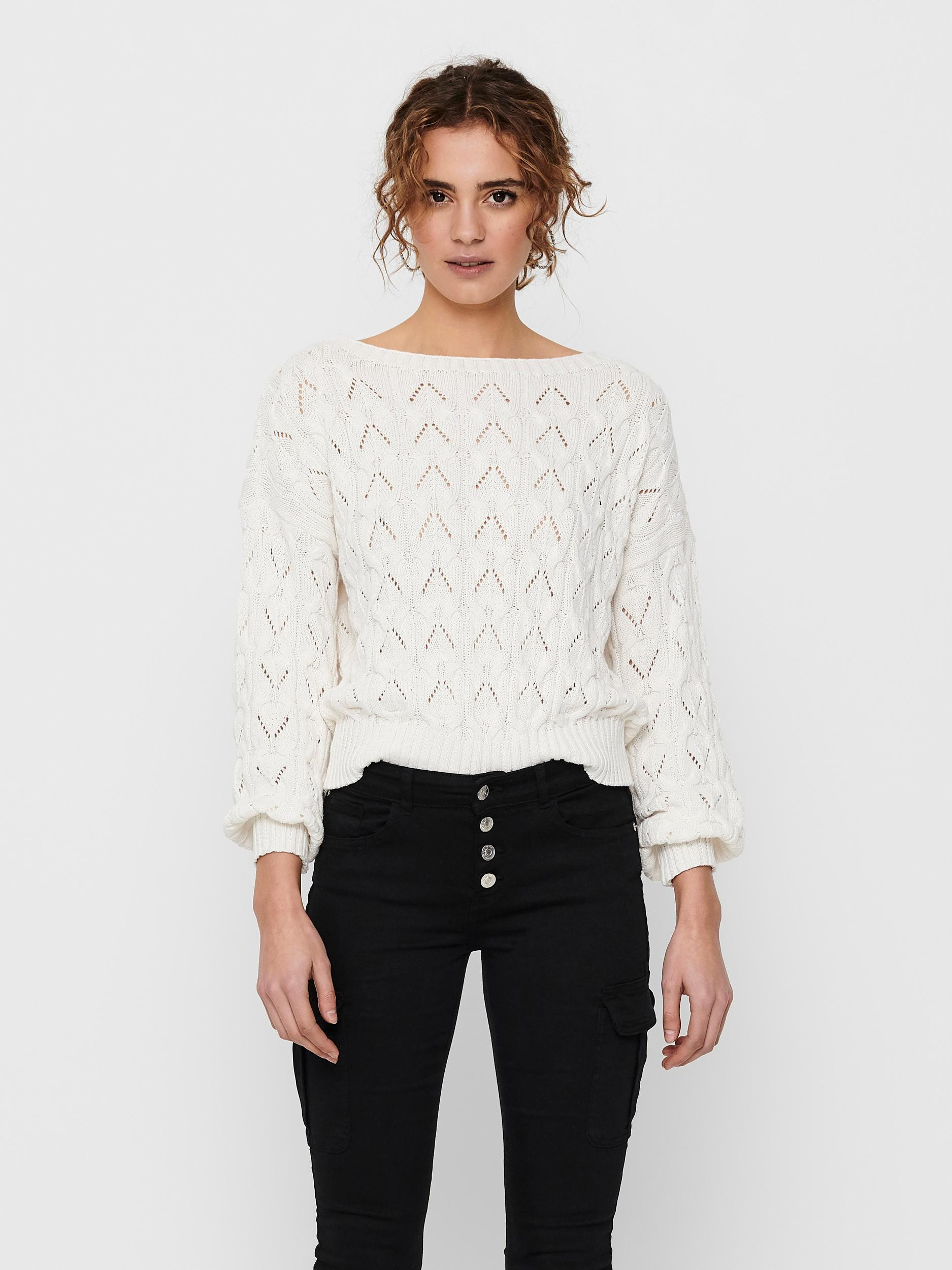 Only - Boat neck pullover with pointelle detail, White, large image number 4