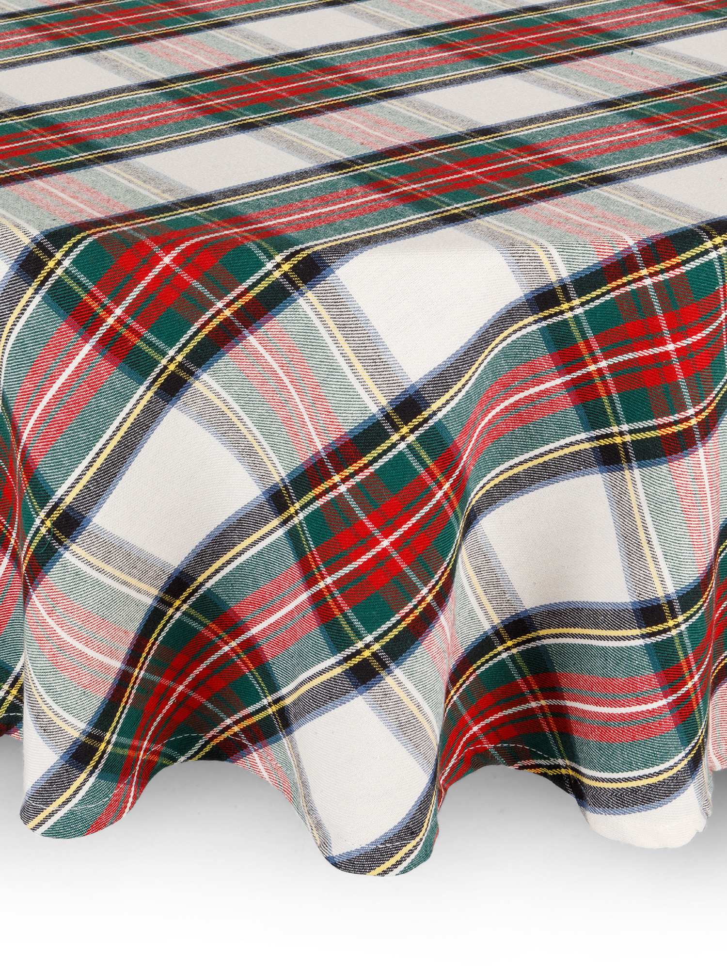 Round cotton twill tartan tablecloth, White, large image number 0
