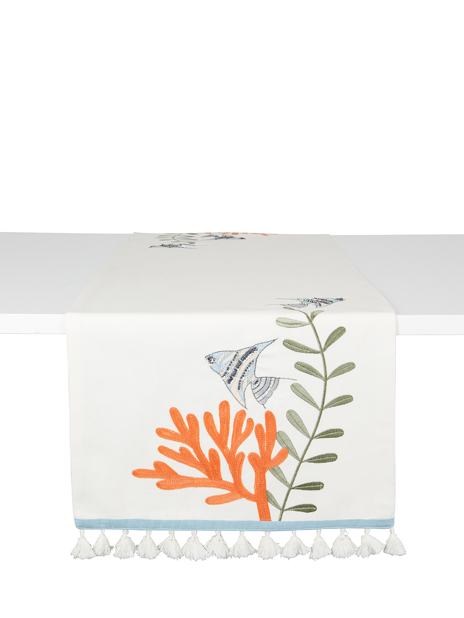 Table runner with fish and tassels embroidery, White, large image number 0