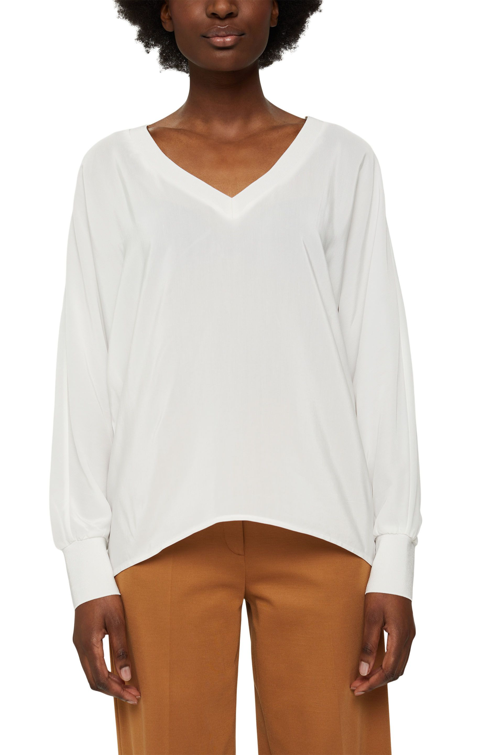Blouse with sporty edges in ribbed knit, White, large image number 1