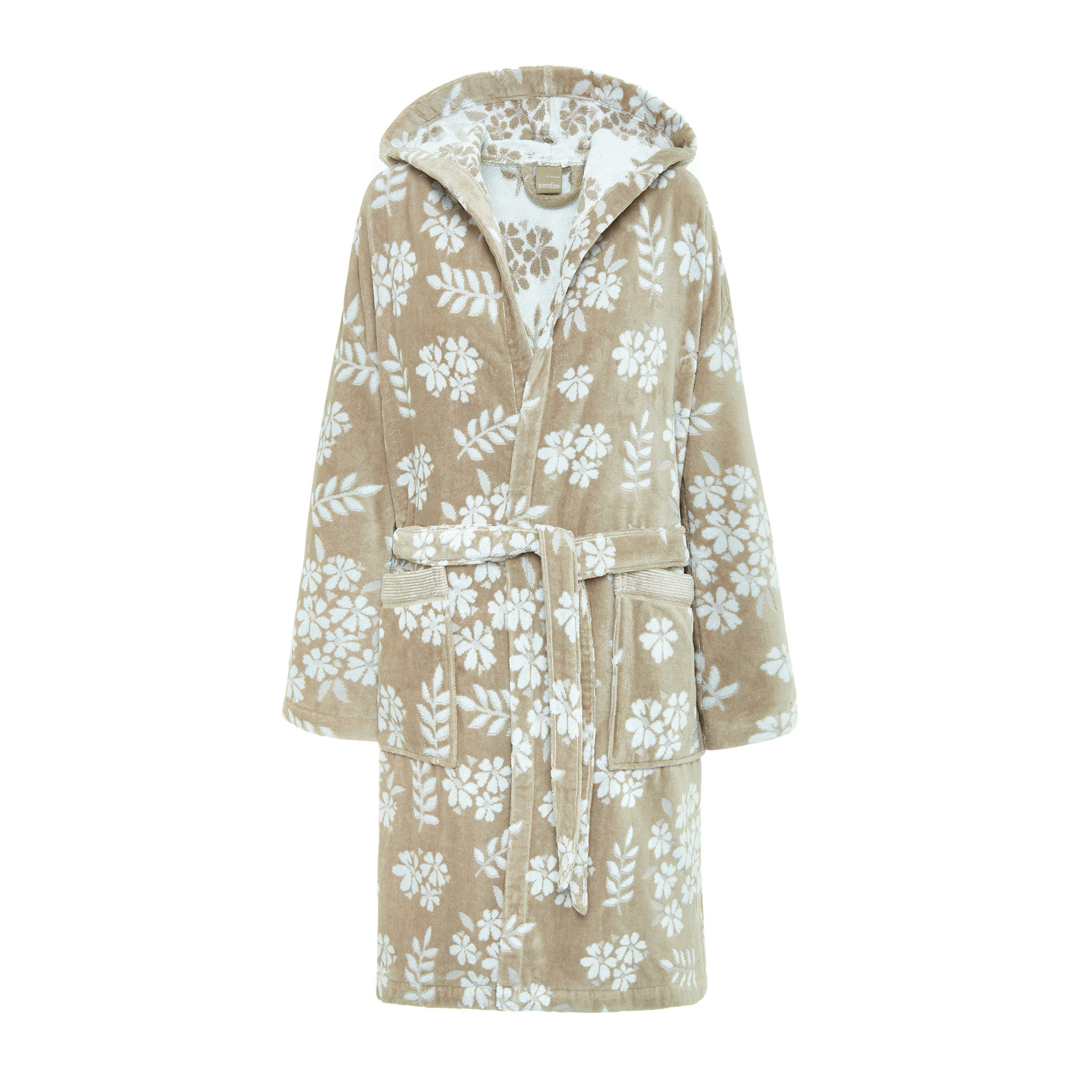 Cotton velor bathrobe with floral motif Portofino floral pattern cotton velor bathrobe, Beige, large image number 1