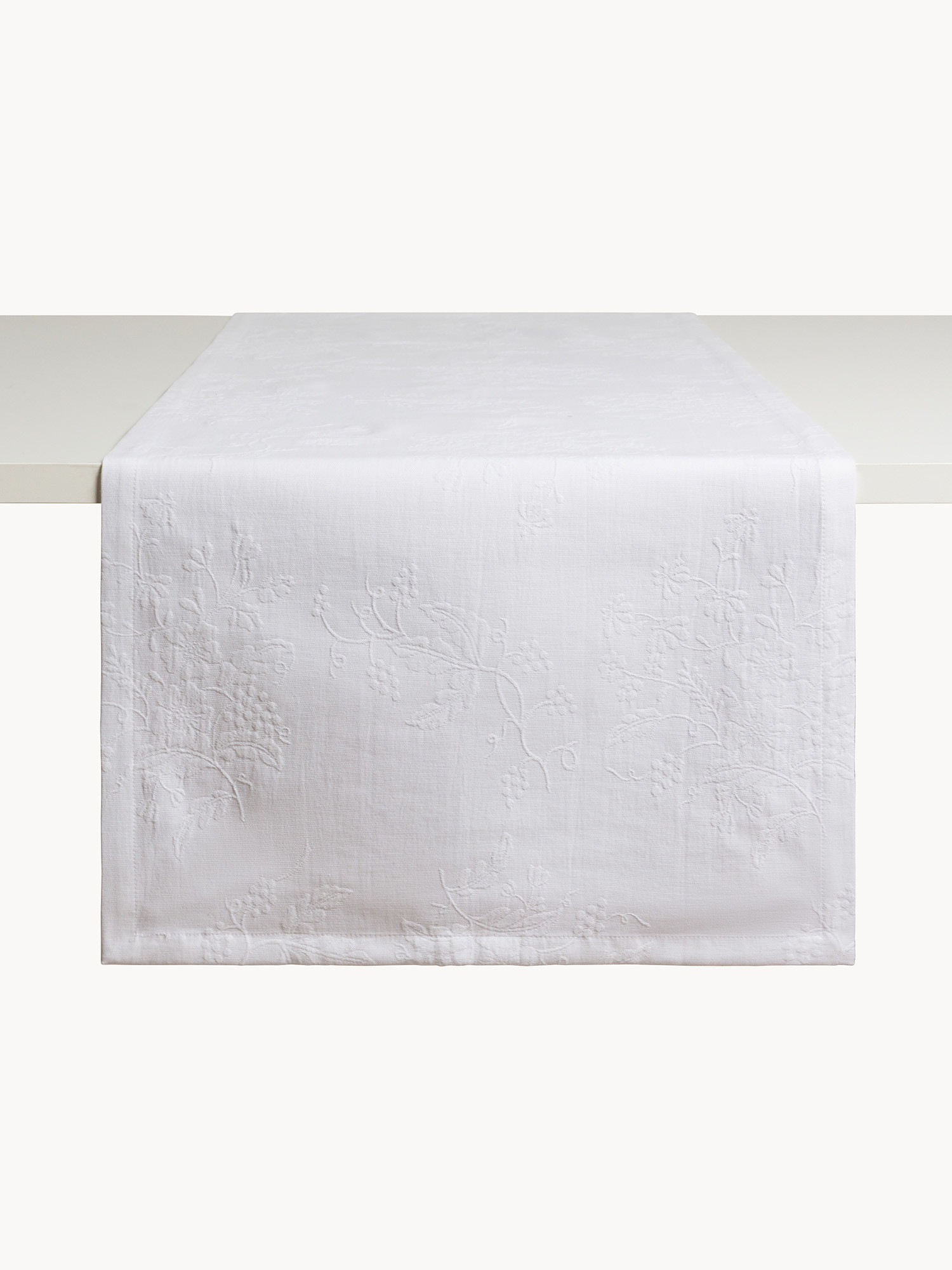 Floral jacquard pure cotton table runner, White, large image number 1