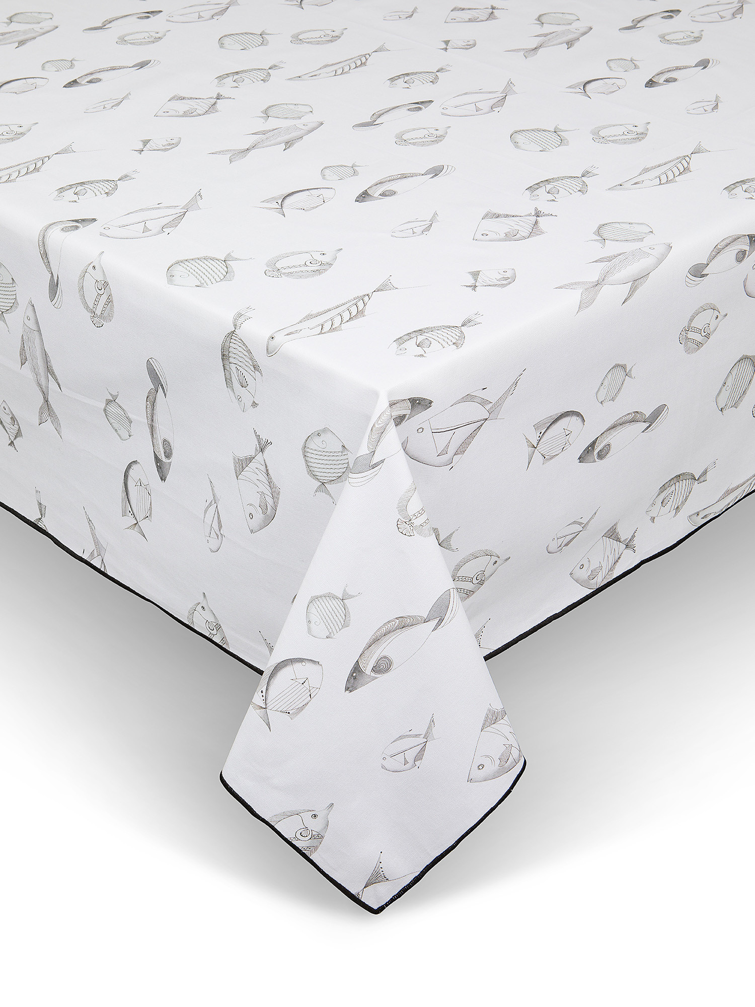 Cotton tablecloth with graphic fish pattern, White, large image number 0