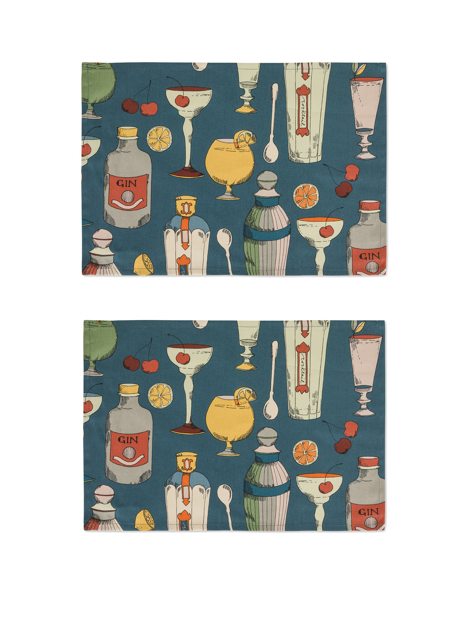 Set of 2 100% cotton placemats with cocktails print, Blue, large image number 0