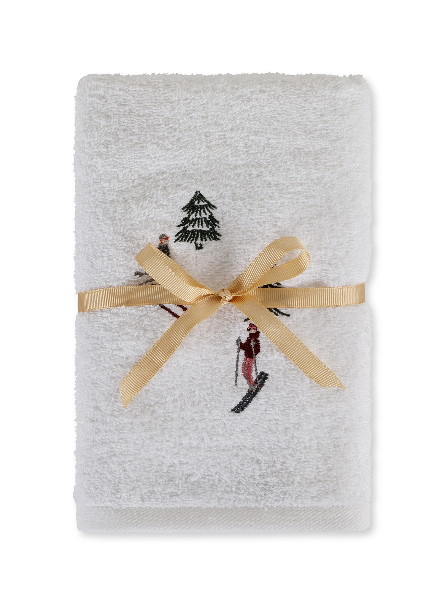 Set 2 asciugamani ricamo sciatori, Bianco, large image number 0