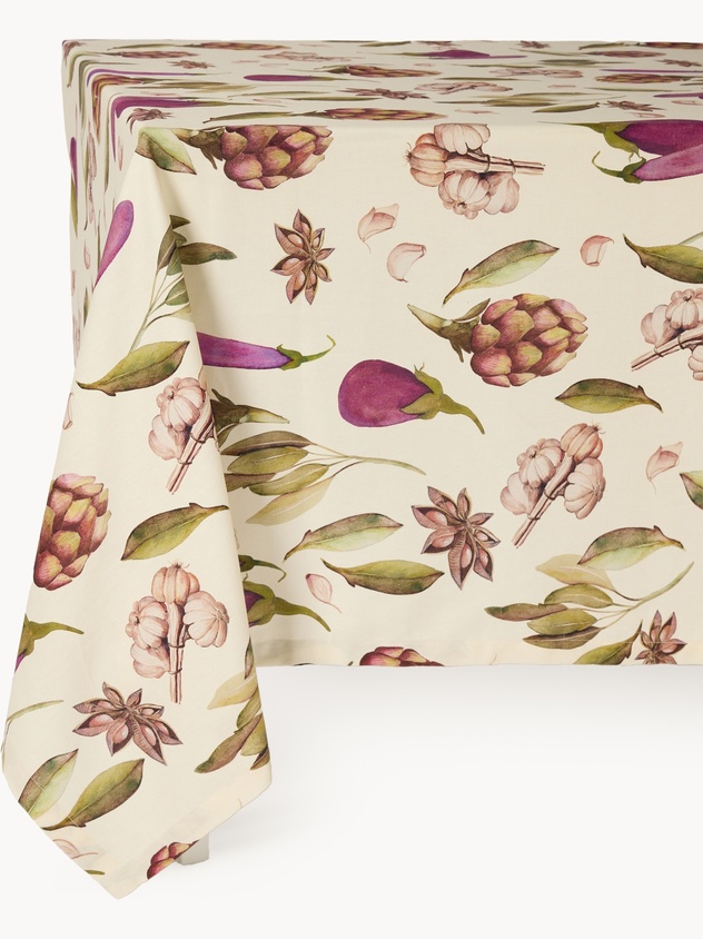 Cotton panama tablecloth with plant-print design