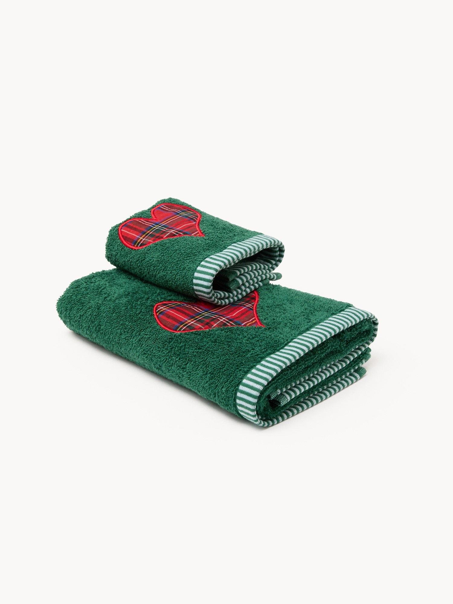 Set of 2 terry towels with tartan heart design, Green, large image number 0