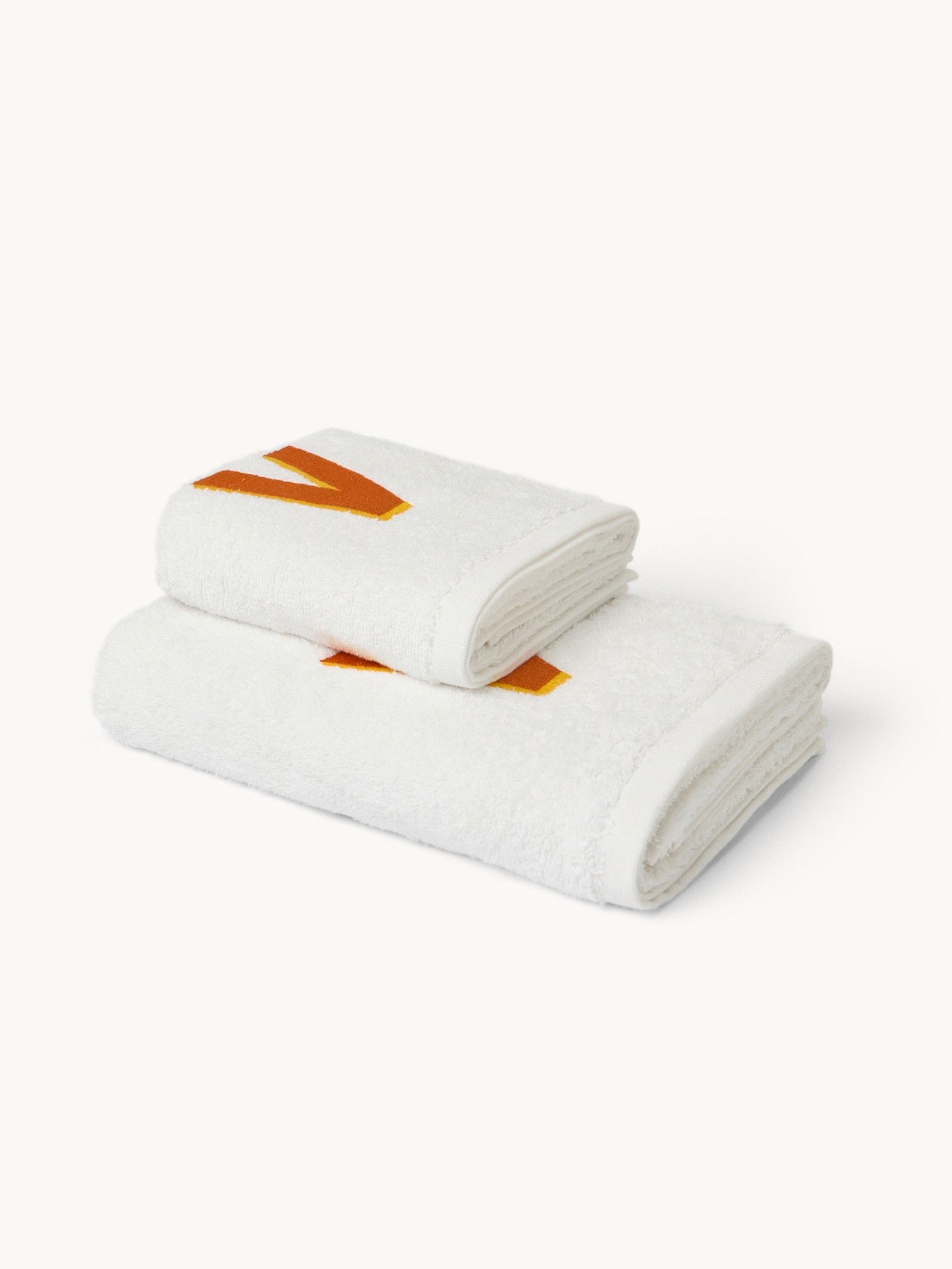 Set 2 asciugamani in spugna di cotone ricamo lettera V, Bianco, large image number 0