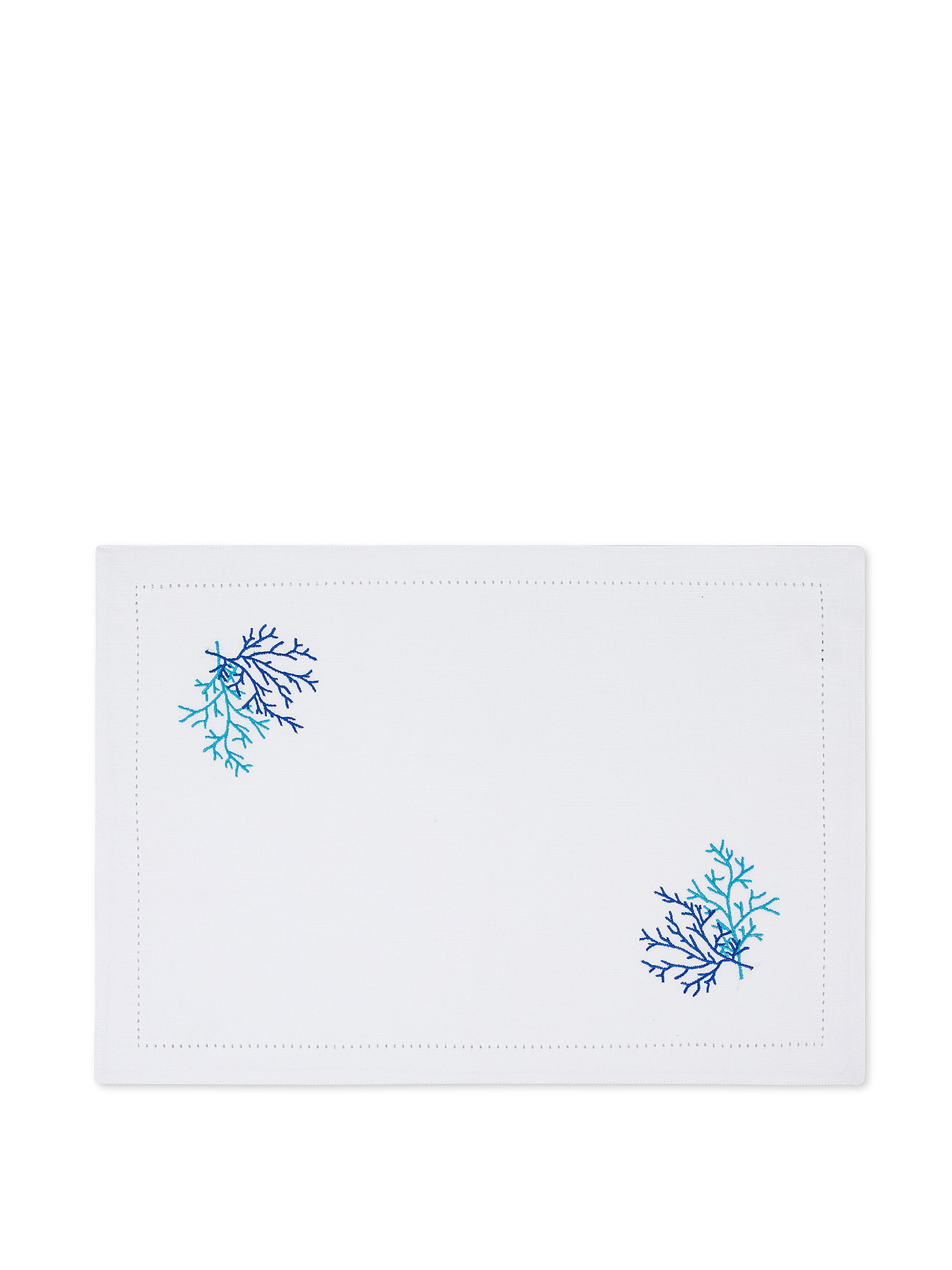 Placemat in pure shot cotton, with à  jour hem and coral embroidery., White / Blue, large image number 0